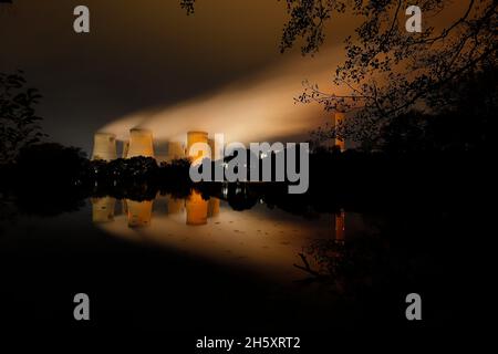 Reflections of cooling towers at Drax Power Station in North Yorkshire Stock Photo