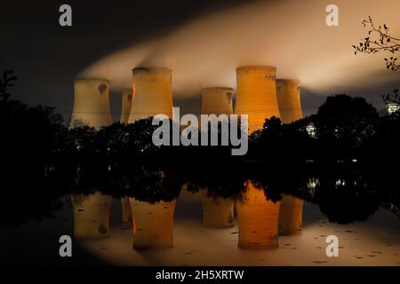 Reflections of cooling towers at Drax Power Station in North Yorkshire Stock Photo