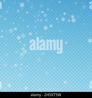 Sparse snowfall Christmas background. Subtle flying snow flakes and stars on blue transparent background. Amazing winter silver snowflake overlay temp Stock Vector