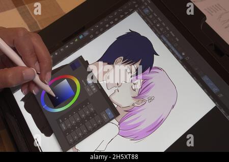 SANTA MARIA CAPUA VETERE, ITALY - Nov 07, 2021: Animator drawing a portrait in image editing software Stock Photo