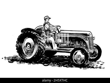 Farmer driving retro tractor. ink black and white drawing Stock Photo