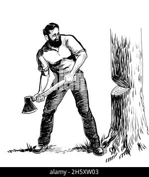 Canadian lumberjack cutting tree with axe. ink black and white drawing ...