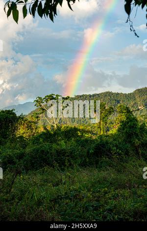 storm clouds and rainbow in the peruvian jungle Stock Photo
