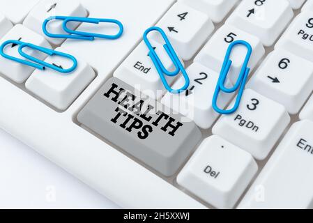 Conceptual display Health Tips. Internet Concept advice or information given to be helpful in being healthy Abstract Programmer Typing Antivirus Codes Stock Photo