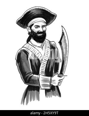 Pirate captain. Ink black and white illustration Stock Photo - Alamy
