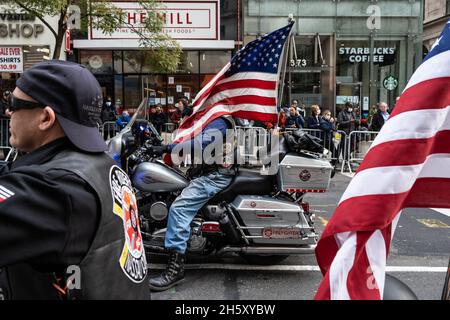 New York, USA. 11th Nov, 2021. Members of veterans motorcycle group participate in the 102nd Veterans Day Parade along 5th Avenue in New York, New York, on Nov. 11, 2021. (Photo by Gabriele Holtermann/Sipa USA) Credit: Sipa USA/Alamy Live News Stock Photo