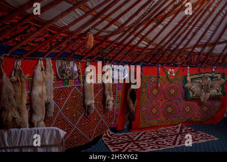Mongolian Kazakh ger or yurt interior in western Mongolia Stock Photo ...