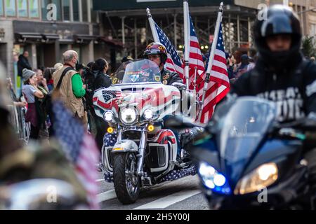 New York, USA. 11th Nov, 2021. Members of veterans motorcycle group participate in the 102nd Veterans Day Parade along 5th Avenue in New York, New York, on Nov. 11, 2021. (Photo by Gabriele Holtermann/Sipa USA) Credit: Sipa USA/Alamy Live News Stock Photo