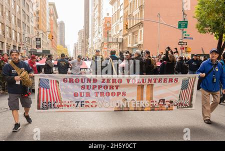 Manhattan, 5th Avenue, New York City  USA: November 11, 2021: Annual Veteran's Day Parade celebration; Ground zero volunteers; Remember September 11. Stock Photo