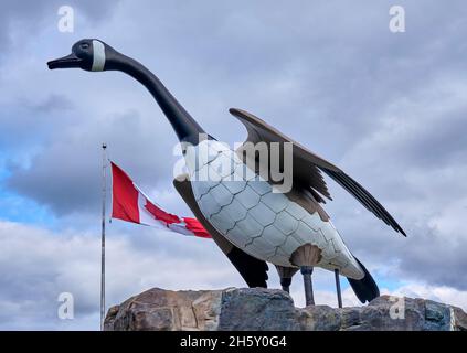 The ever popular Wawa Canada Goose statue is located at the visitor information centre in Wawa Ontario, Canada. Stock Photo
