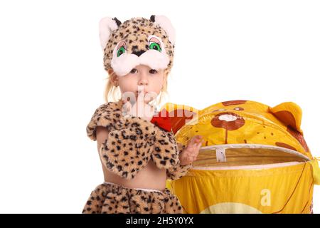 little girl dressed in a costume of a tiger, symbol of 2022 Stock Photo