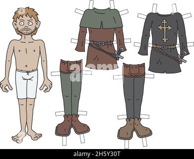 The paper doll funny historical warrior with cutout clothes Stock Vector