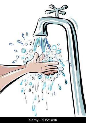 Cartoon illustration of two hands being washed under a tap. Water is flowing and suds and water splashing everywhere Stock Photo