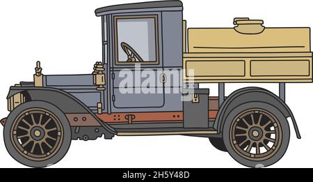 The hand draving of a vintage black, blue and yellow tank truck Stock Vector