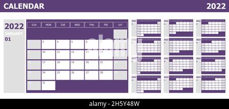 Calendar 2022 week start Sunday design planner with violet and grey, stock vector Stock Vector