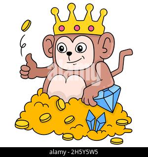 monkey king wearing a rich crown surrounded by abundant gold treasure Stock Vector