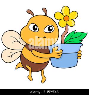 cute bees fly carrying beautiful sunflower plants Stock Vector