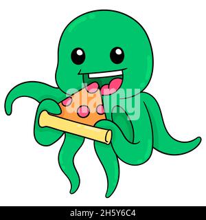 green octopus eating delicious pizza slices Stock Vector