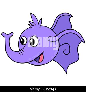 purple elephant animal head long trunk smiling happily Stock Vector