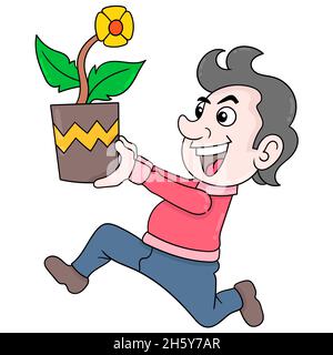 man with happy face running carrying sunflower pot Stock Vector