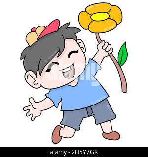 boy kid is carrying sunflowers happy to welcome spring Stock Vector
