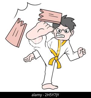 Martial arts boy kicking wood until it breaks Stock Vector