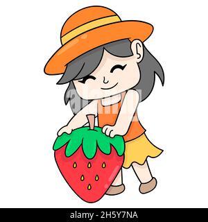 gardening girl harvesting giant strawberries Stock Vector