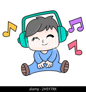 kid boy is sitting wearing headphones listening enjoying music Stock Vector