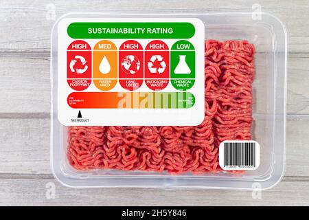 Sustainability Rating on meat for carbon footprint, water use, land use, packaging waste and chemical waste label. Product scale on rating index. Cons Stock Photo