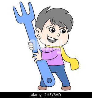 happy smiling face boy carrying a giant Stock Vector