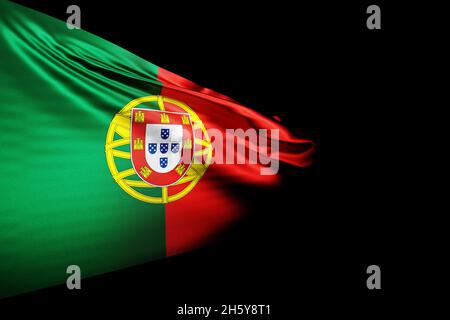 3D illustration of the national flag of Portugal on a metal flagpole fluttering against the black isolated background. Country symbol. Stock Photo