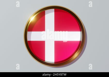 The national flag of Denmark in the form of a round window. Flag in the shape of a circle. Country icon. Stock Photo