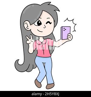 beautiful girl with long hair is taking selfie Stock Vector