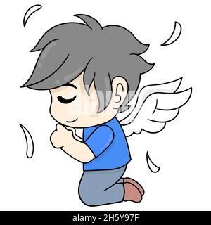 angel boy with wings on his knees praying Stock Vector