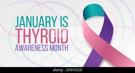 Thyroid awareness month concept. Banner with pink, teal and purple ribbon awareness and text. Stock Vector