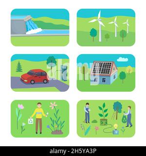 Set of eco energy vector illustrations. Colorful cartoon hand drawn graphic about alternative energy technologies Stock Vector