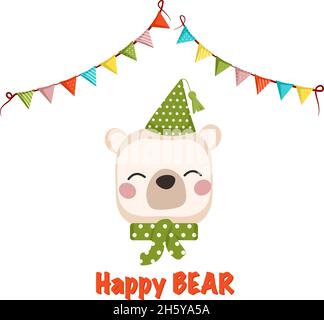Cute white polar bear in children style with festive decorations for holiday. Funny animal with happy face, cap, bow and garland of flags. Vector flat illustration Stock Vector