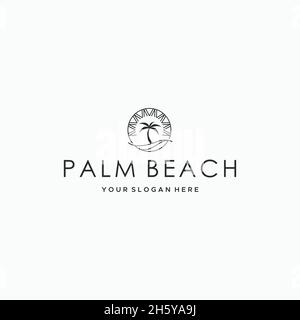flat PALM BEACH circle tree sunset logo design Stock Vector