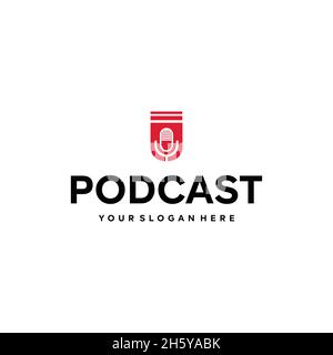 flat PODCAST silhouette microphone Logo design Stock Vector
