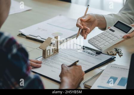 legal consultants, notary or justice lawyer discussing contract document on desk with client customer in courtroom office, business, justice law Stock Photo