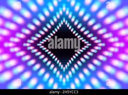 Abstract neon square with grid of glowing lights on the blue background. Stock Vector