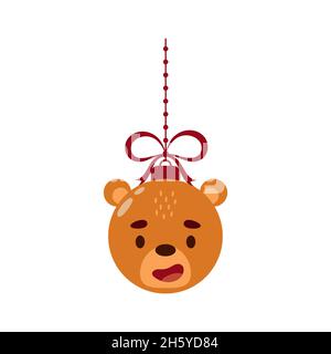 Merry Christmas and new year ball with cute bear. Cartoon winter holidays animal bauble. Vector stock illustration Stock Vector