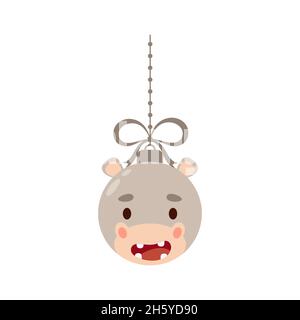 Merry Christmas and new year ball with cute hippo. Cartoon winter holidays animal bauble. Vector stock illustration Stock Vector