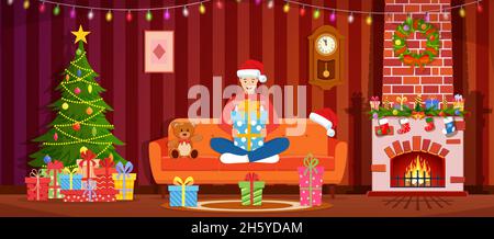 Cozy Interior of Living Room with man on Sofa, Stock Vector