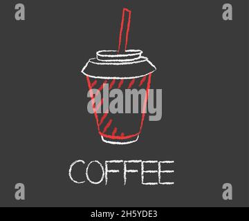 cup with drink with straw drawn with colored chalks on black blackboard. Simple vector illustration Stock Vector