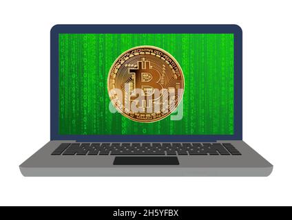 Digital Golden Bitcoin on laptop with random Binary Code on screen background. New technological economy concept Stock Photo