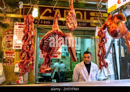 PALERMO, ITALY- APRIL 28 2018: Butcher and meat in Ballaro Market in Palermo, Italy Stock Photo