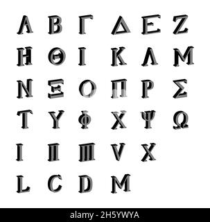 The letters of the Greek alphabet with numbers all in 3D Stock Photo