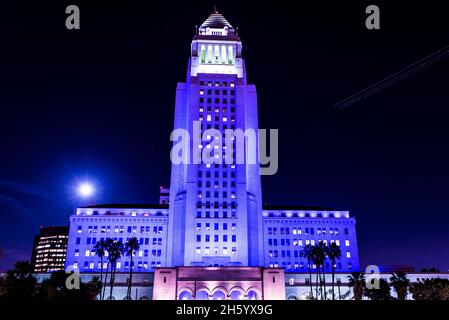 Los Angeles City Hall was lit purple  to pay respect to Prince who passed away due to a drug overdose today ca. 22 April 2016 Stock Photo