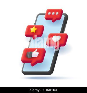 3d render isometric illustration of a red smartphone with push notifications of likes, stars and messages on blue screen Stock Vector